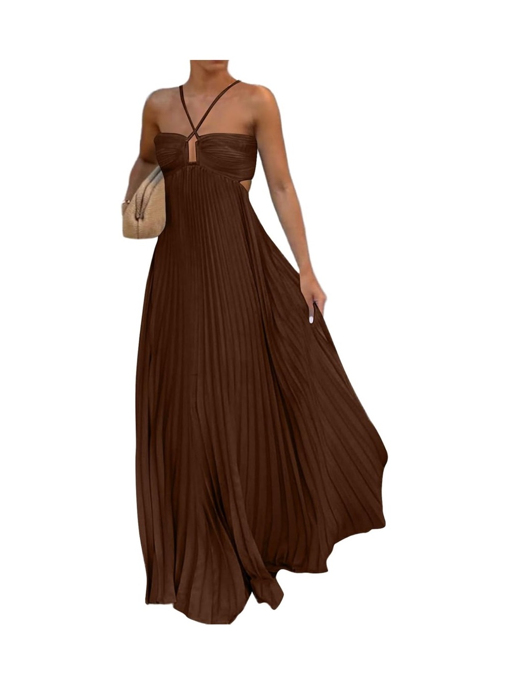 Brown Satin Pleated Front Cross Halter Maxi Dress - Picture 2 of 4